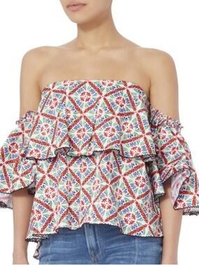 CAROLINE CONSTAS Liza Floral Off-Shoulder Mosaic Floral Multicolor Top M